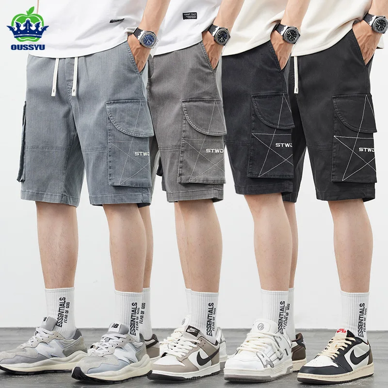 

Summer Soft Cosy Cotton Fabric Men's Cargo Shorts Thin Loose Pocket Denim Pants Elastic Waist Holiday Casual Beach Short Male