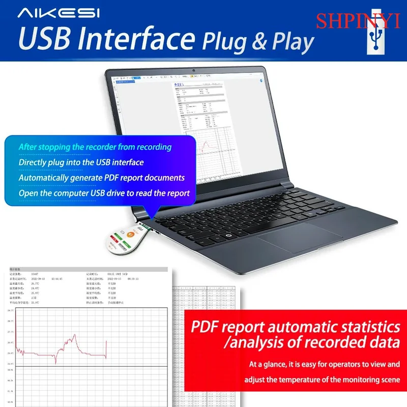 AIKESI RD-10C Waterdichte vochtigheidsrecorder Eenmalig gebruik USB Wegwerp temperatuurdatalogger Genereer PDF/Excel-rapport