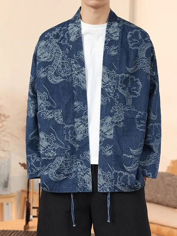 

Retro Chinese Sle Open Cardigan Waist Belt Modified Hanfu Spring Autumn Men Loose Large Size Match Jeans Jaet Top