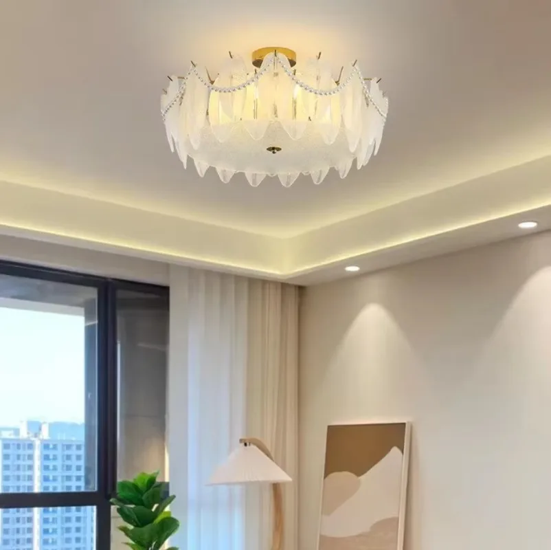 High Quality French Feather Pearl Decorative Glass Lighting Dining Room Bedroom Round Ceiling Lamp