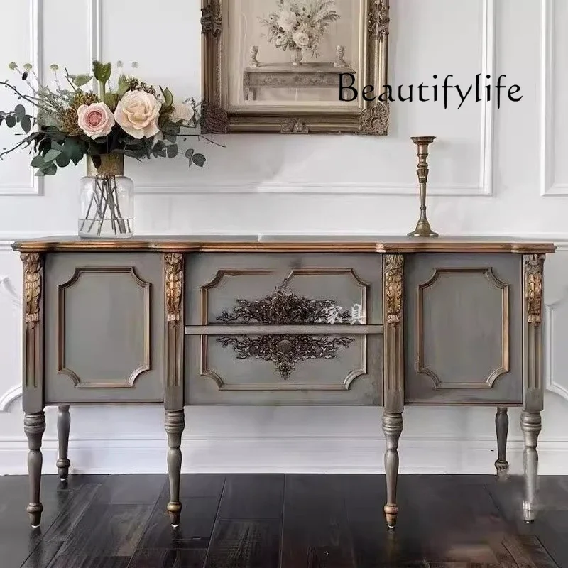 C French Retro Old Carved Living Room Shoe Cabinet Integrated Solid Wood Art Wall Partition Storage Decoration