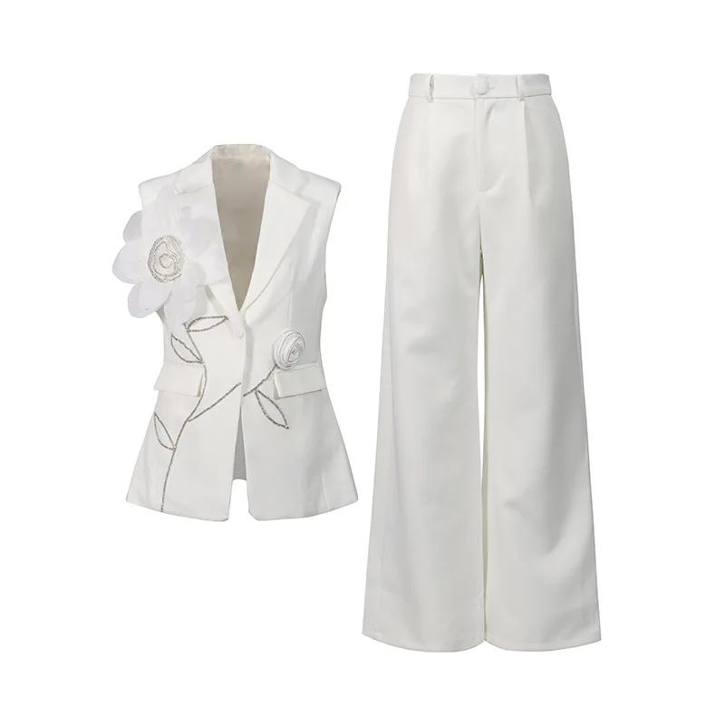 ZAMOR HIGH STREET 2026 Spring New Elegant Lady Style Fashion Rhinestone 3D Flower Patchwork Vest Solid Pants Set for Women