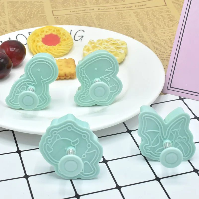 4Pcs Dinosaur Cookie Cutter Biscuit Embosser Stamp Mold Cartoon Animal Pattern Fondant Cookie Molds Baking Cake Decorating Tools