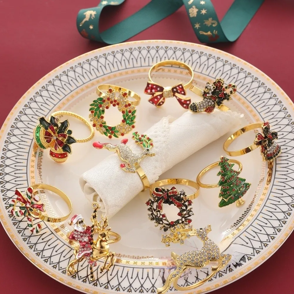 2pcs New Metal Napkin Ring Xmas Tree Gold Color Napkin Holder Christmas Decor Elk Garland Table Decoration Family Gathering