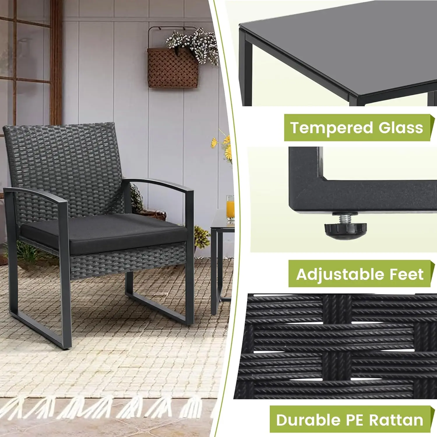 3-Piece Rattan Patio Bistro Set, black frame with cushions, matched coffee table for balcony, garden and poolside image 5