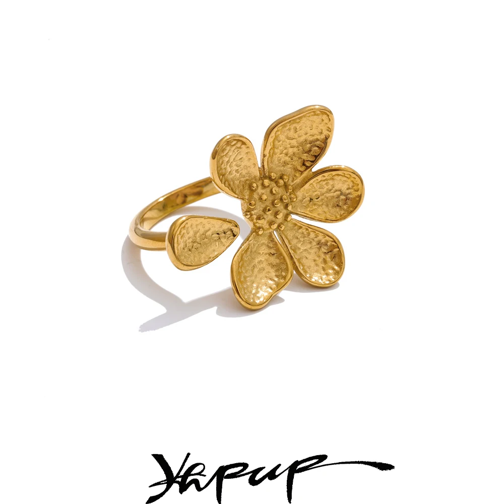 

Yhpup 18K Gold Plated Flower Adjustable Stainless Steel Flower Gold Casting Ring Rust Resistant Metal Fashion Everyday Multifunc