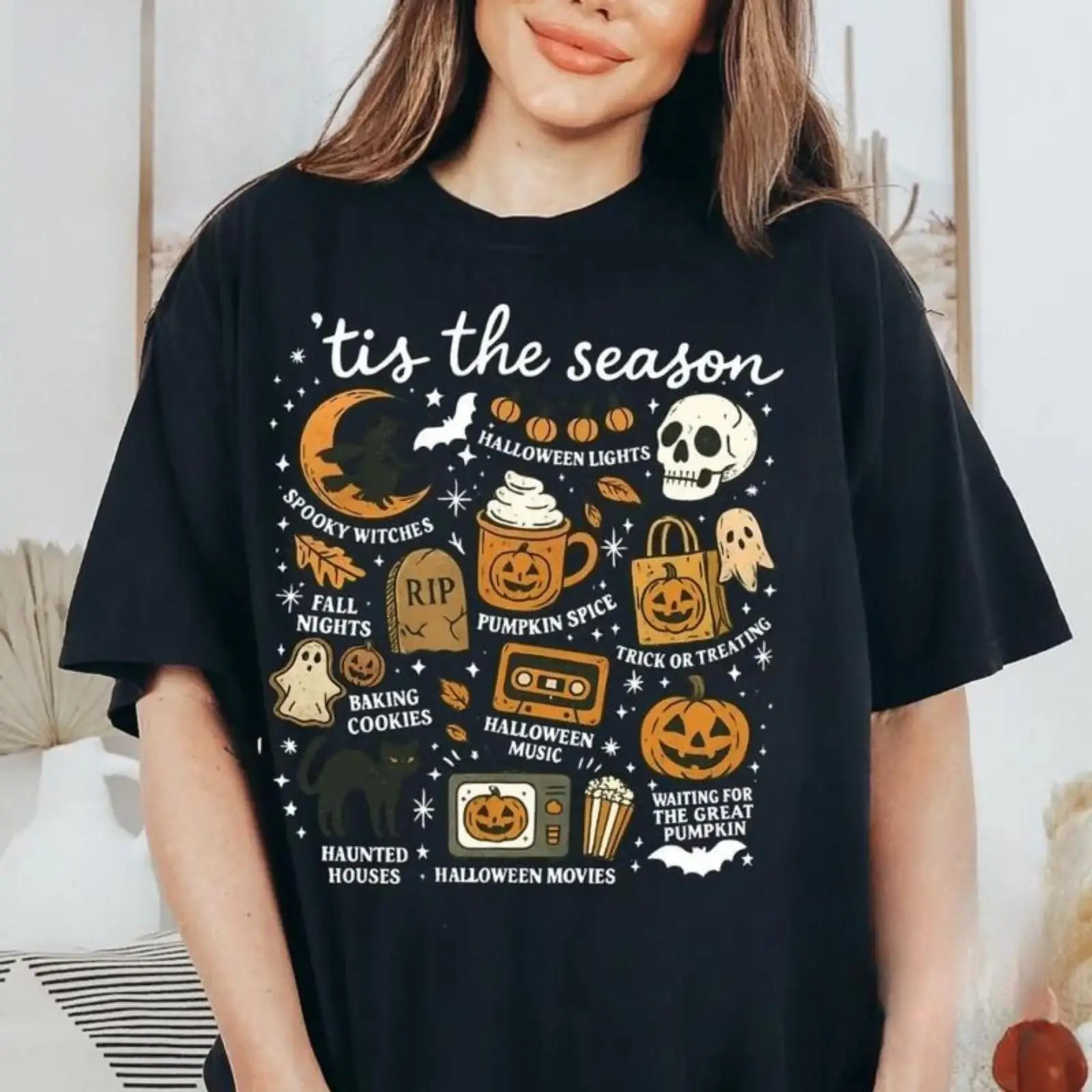 

Women's Halloween T-shirt Retro Halloween Graphic Tee Spooky Season Checklist Tops Pumpkin Spice T-shirt Gifts