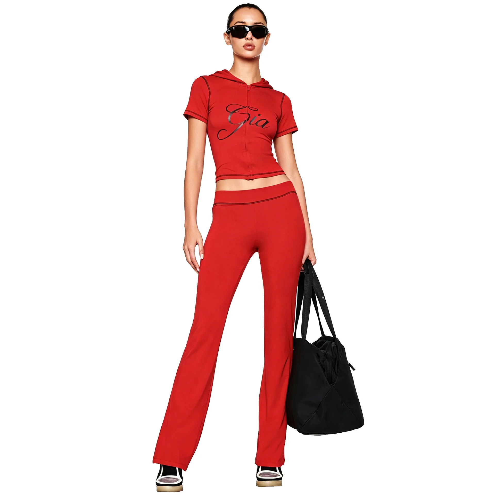 New Slim Fit Shoulder Print Bright Line Design, Slim Fit Hooded Short Sleeved High Stretch Top And Low Waist Micro Flared Pants