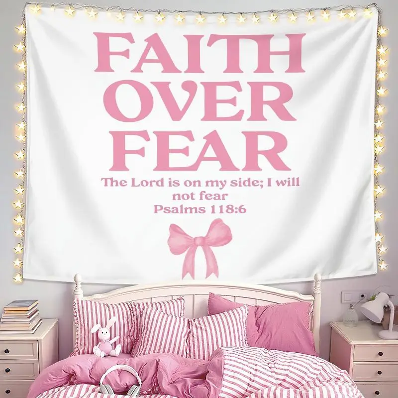VIKAMA Light Pink Bow Inspirational Text Cartoon Tapestry Atmosphere Wall Decoration Girl Bedroom Home Decoration
