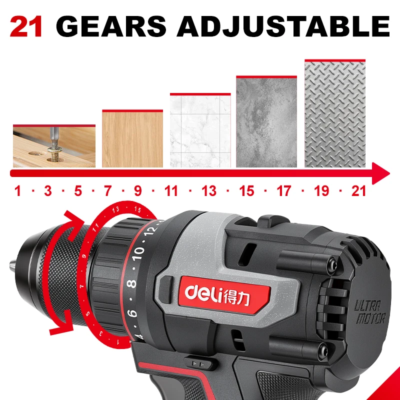 Deli 20V Brushless Cordless Drill 50N·m Torque 21-Gear Adjustable 2-Speed Electric Screwdriver with 2 Batteries for Home DIY
