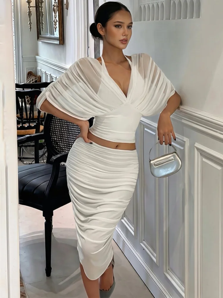 Shestyle Women 2Piece Sets Sexy Streetwear Ruched Pleated Deep V-Neck Bat Wing Sleeve Slim Knee Length Pencil Skirts Trendy