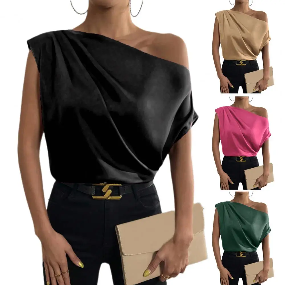 

Women Shirt Smooth Satin Off-shoulder Women's Blouse Irregular Boat Collar Top for Dating Simulated Silk Shirt Sexy Off-shoulder