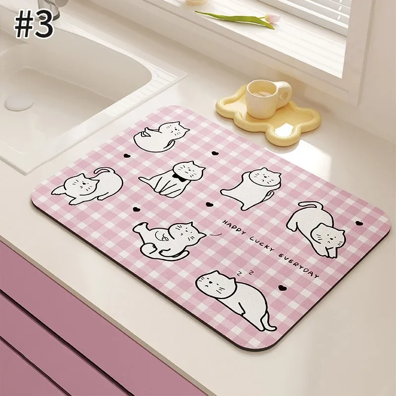Pink Cartoon Kitten Coffee Dish Mats Marble Print Kitchen Absorbent Draining Mat Drying Mat Quick Dry Bathroom Drain Pad