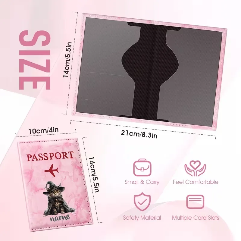 Custom Name Halloween Theme Wizard Cat Illustration Design PU Passport Holder, Featuring a Black Top Hat and Cloak Cat Design