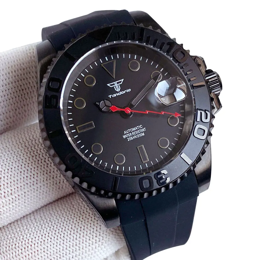 Tandorio Black SUB красная стрелка Водонепроницаемые мужские часы Mechanica NH35AA Механизм 120 ликов безель с изогнутым концом силиконовый ремешок