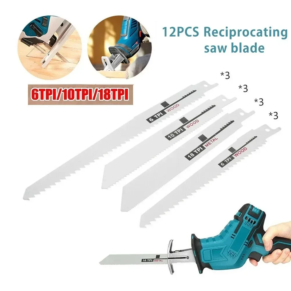 YTOM 12 adet pistonlu testere bıçağı yüksek mukavemetli ahşap Metal PVC tüp kesme için 6/8 inç 6TPI / 10TPI / 18TPI testere bıçakları