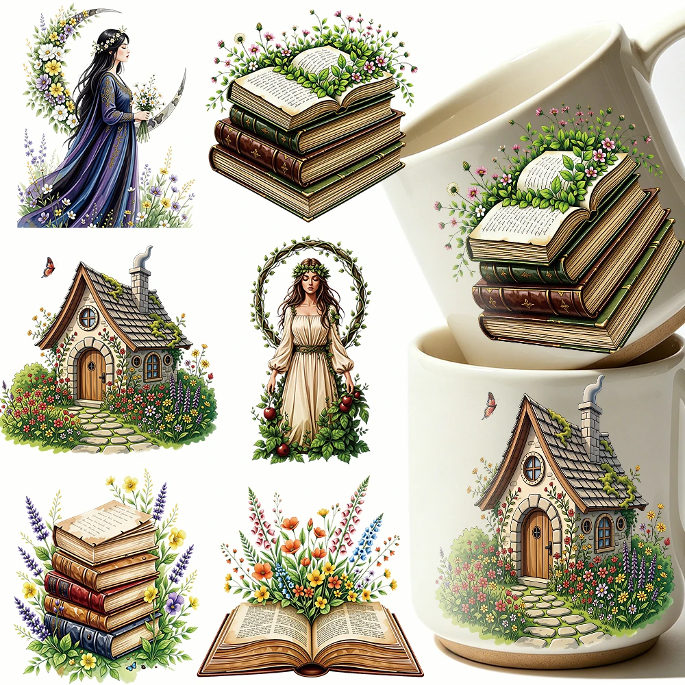 6pcs Green Plants Flowers Books UV DTF Transfer Stickers Vine Castle Elf Book Wildflowers Transfer Sticker Washable Stickers