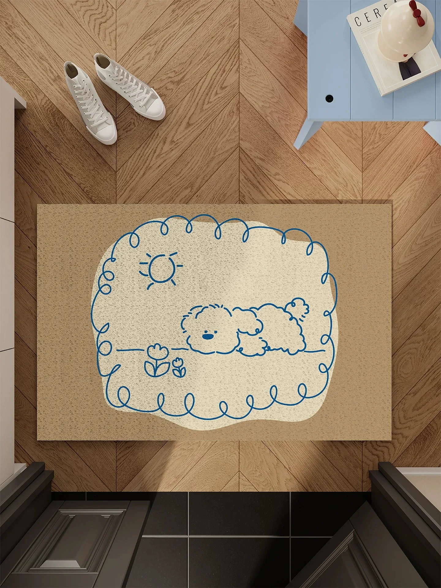 Korean Hand-Painted Style Door Mat Dog Pattern Entrance Hall Carpet Anti-Slip Dirty Resistant Customizable Size Rectangle Rug