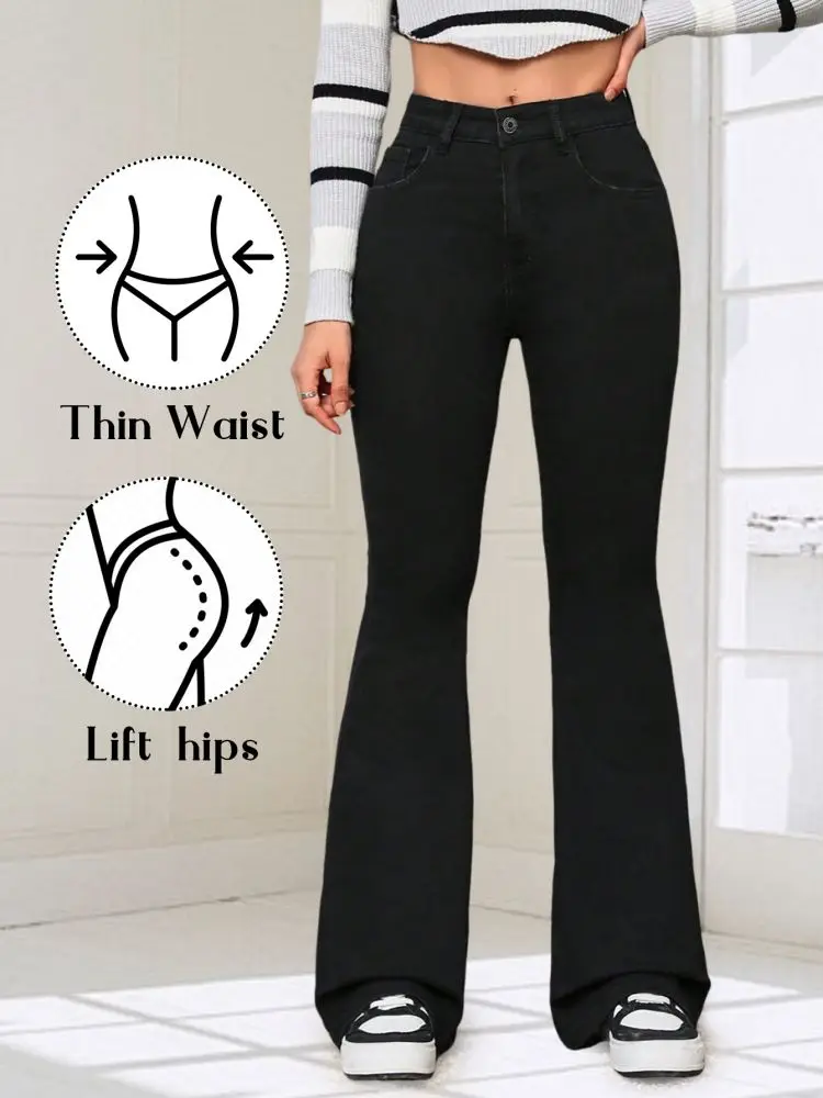 

Black casual stretchy high-waisted flared pants