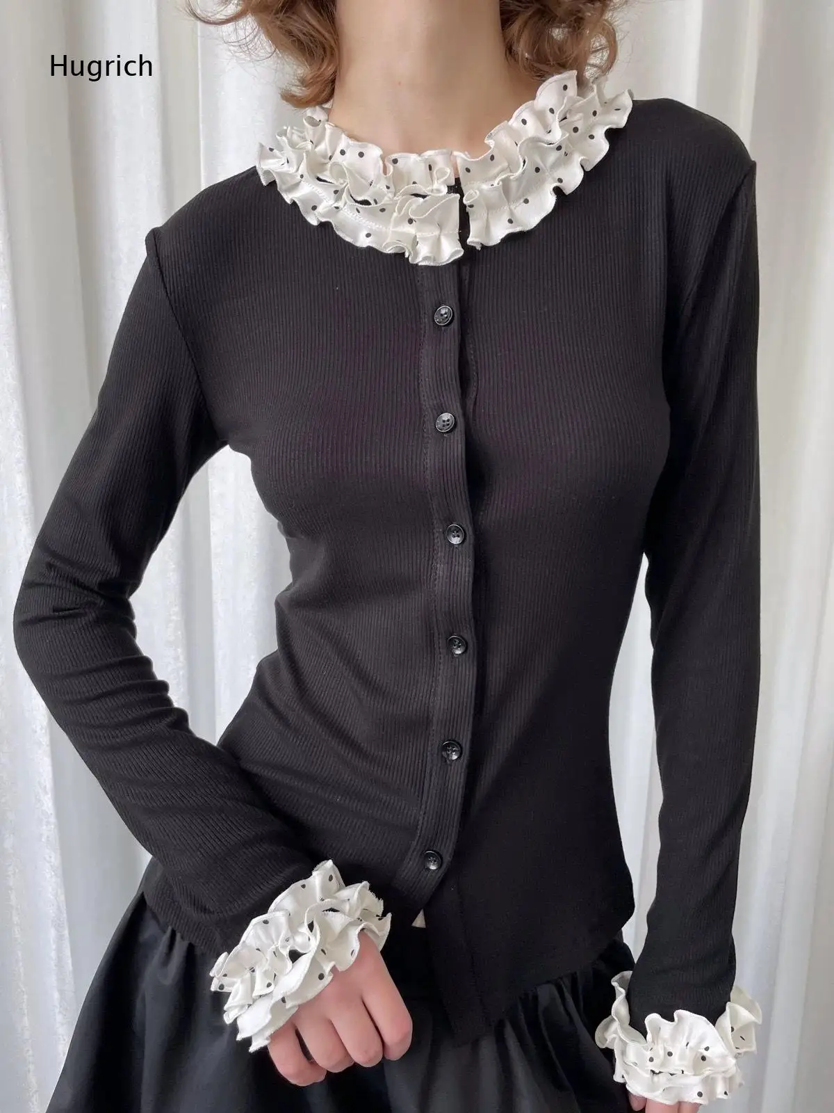 Chic Black Vertical Ribbed Long Sleeve Blouse White Dotted Frilled Collar Cuff Single Breasted Slimming Casual Tee