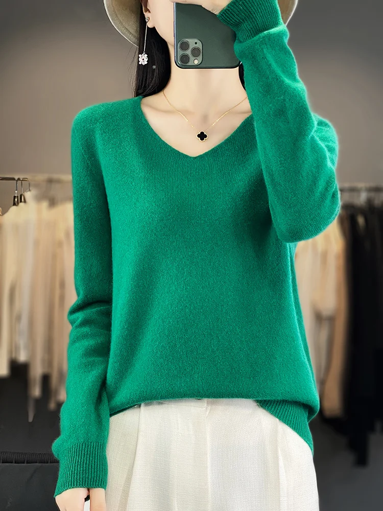 Long Sleeve Women Sweater Autumn Winter V-neck Pullover 100% Merino Wool Bottoming Basic Cashmere Knitwear Clothing Fashion Tops