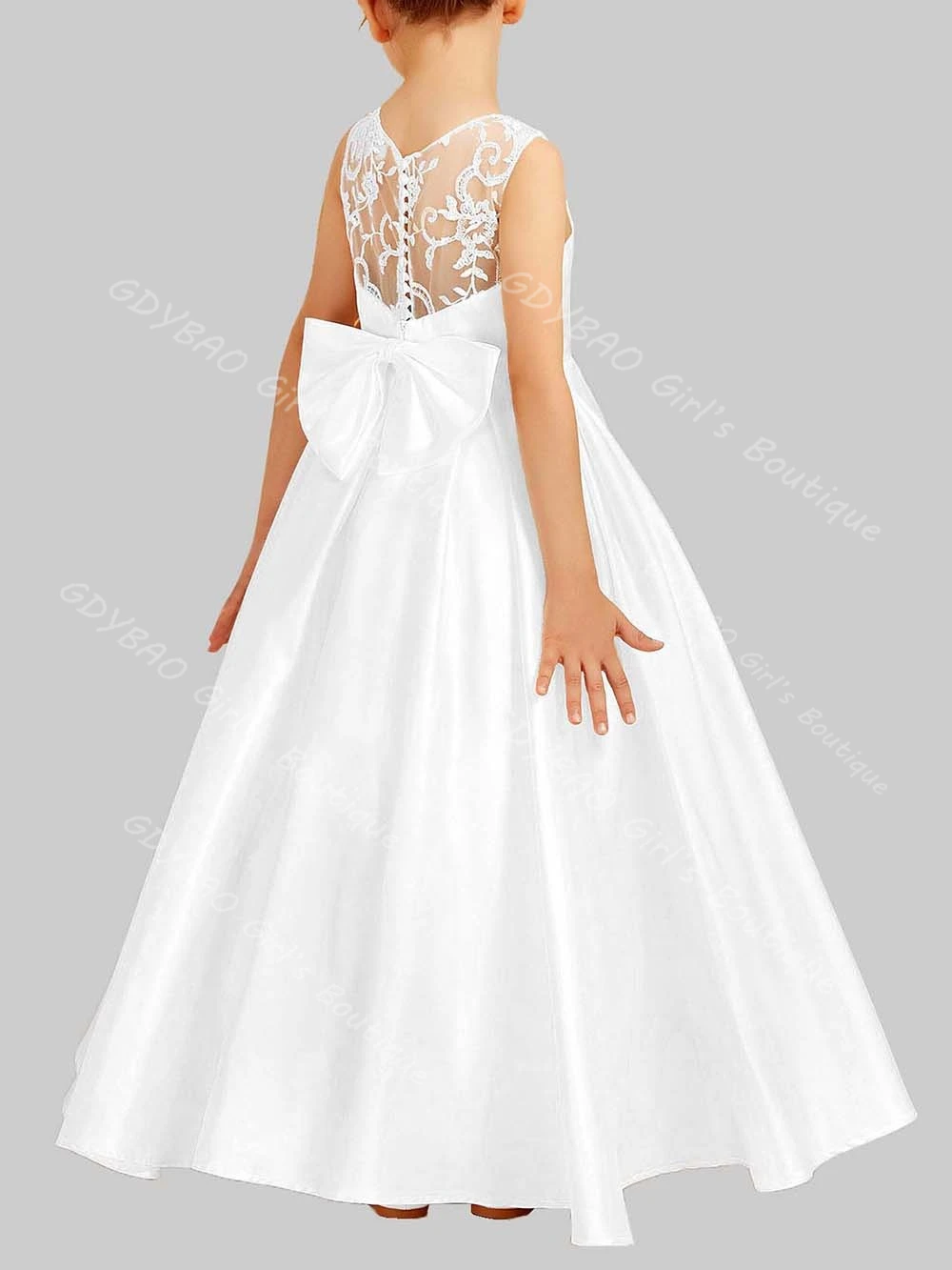 사용자 정의 공주 꽃 소녀 드레스 새틴 활 쉬어 백 민소매 성찬식 드레스 키즈 발목 길이 웨딩 파티 가운