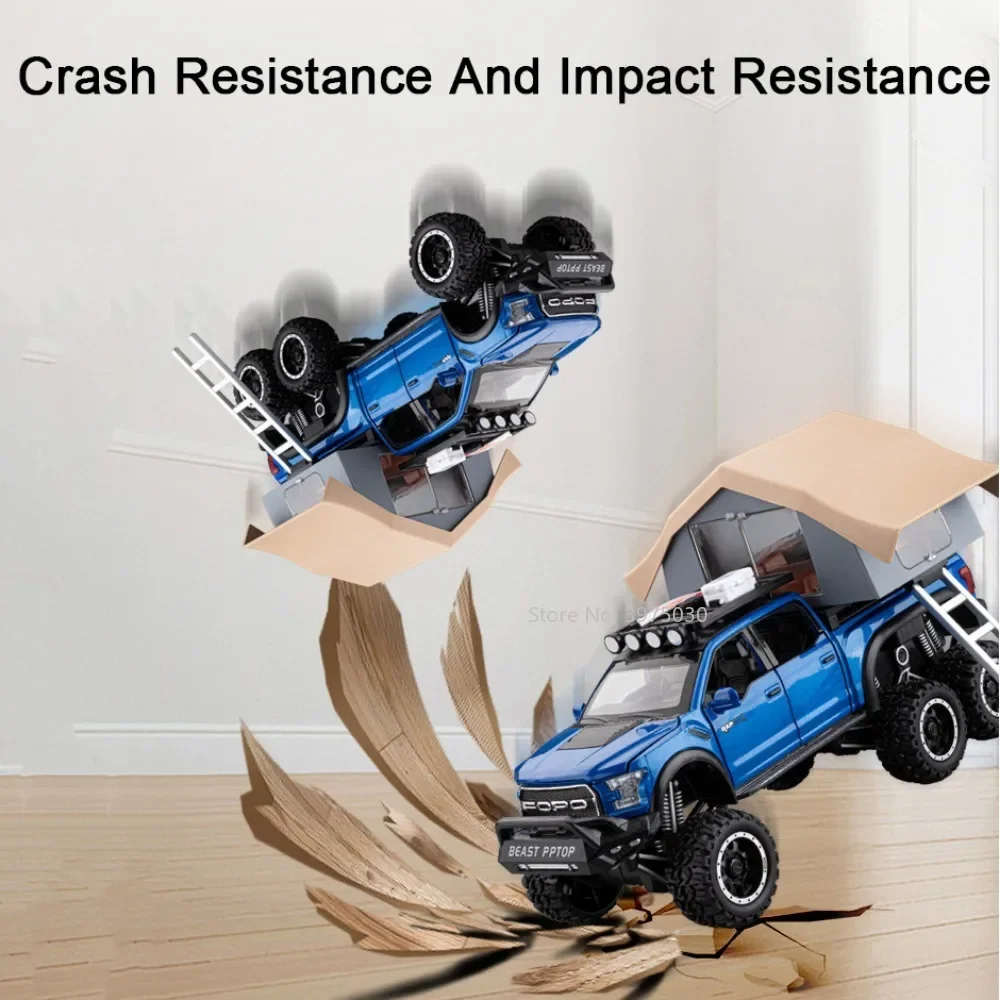 1:24 Raptor F150 Alloy Diecast Toys Cars Miniature Models with Sound Light Camping RV Wheel Pull Back Vehicle Boys Birthday Gift