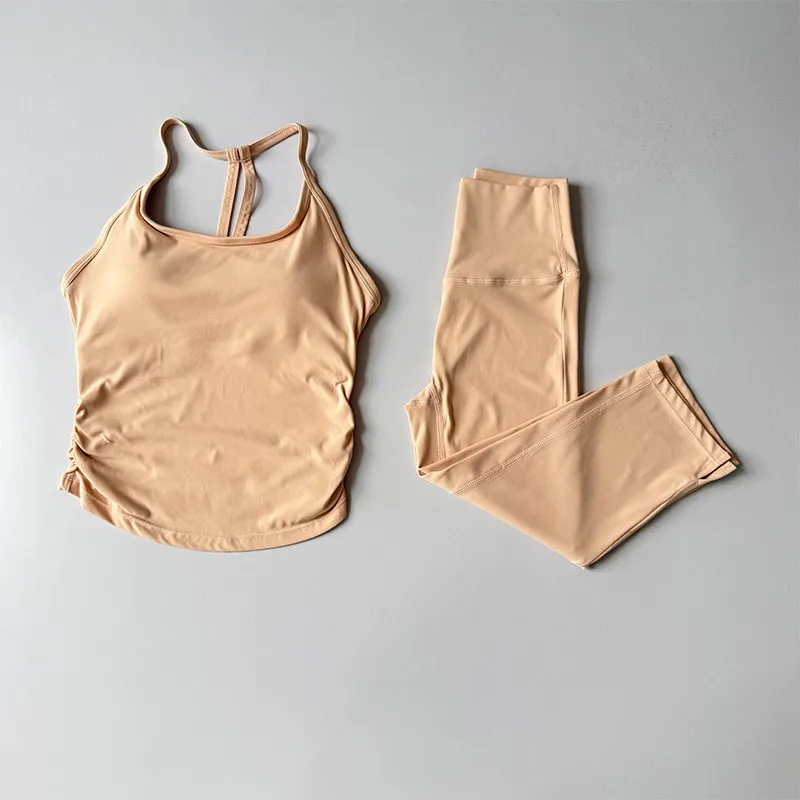 2-teiliges Nude High-Waisted Butt-Lifting Yoga-Set: Fitness-Cropped-Leggings, Sport-BH, stoßfestes Trainings-Oberteil und -Unterteil. – Detail 6