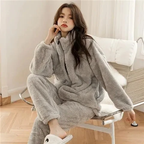 Winter New Warm Flannel Women Pajamas Set Long sleeved Trousers Sleepwear Nightgowns Coral Velvet Pyjamas Home Clothes