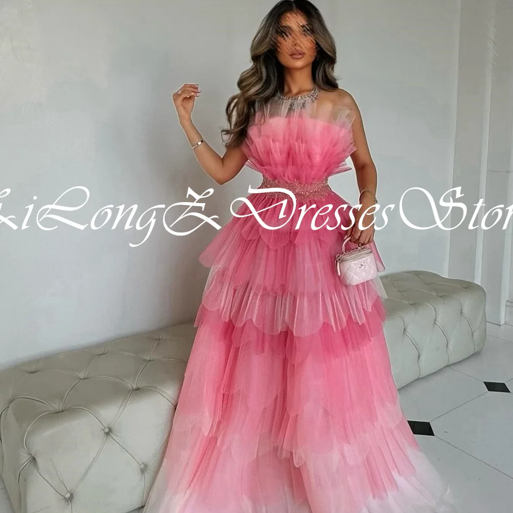 Saudi Arabia Long Beaded Evening Gowns Tiered Sweep Train Tulle Sleeveless Scalloped Contrast Color Dresses For Formal Occasions