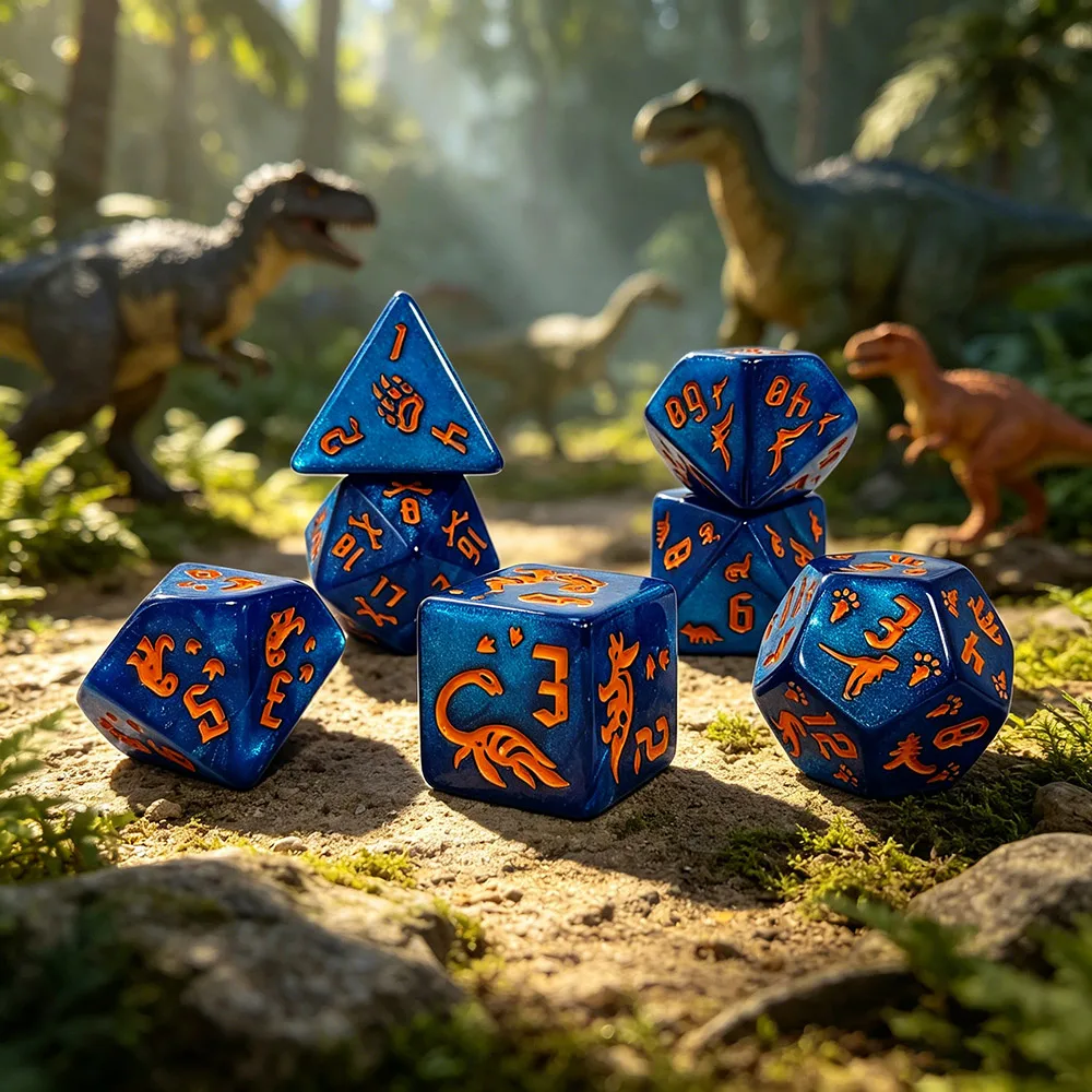 7Pcs Shimmer Sapphire Blue Acrylic Polyhedral Dice Set, Orange Engraved Dinosaur & Dino Footprint Rune Symbols, DND RPG MTG Game