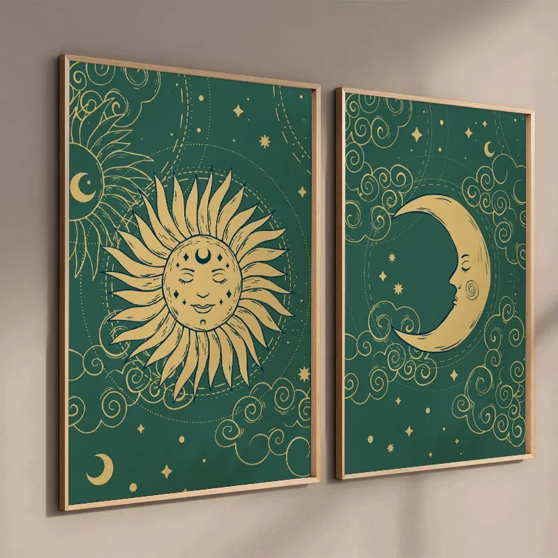 Boho Celestial Green Gold Sun Moon and Stars Poster Print Canvas Painting Wall Art Pictures for Bedroom Living Room Decor