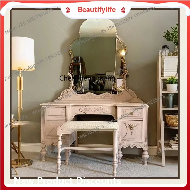 

French retro carved solid wood dresser small apartment household makeup table storage cabinet H