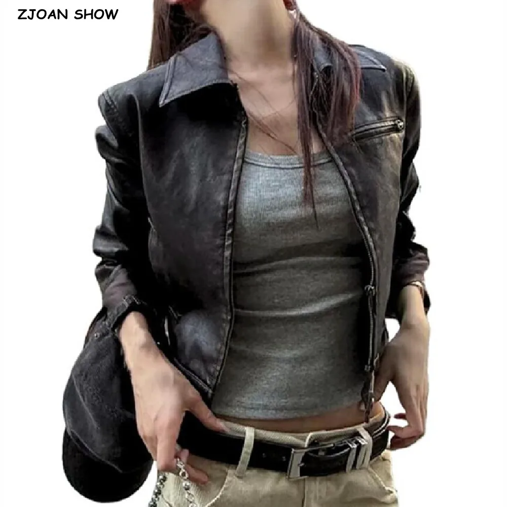 2025 COOL Women Autumn PU Leather Jacket American Retro Full Sleeve Zip Up Coat Vintage Coffee Short Outerwear