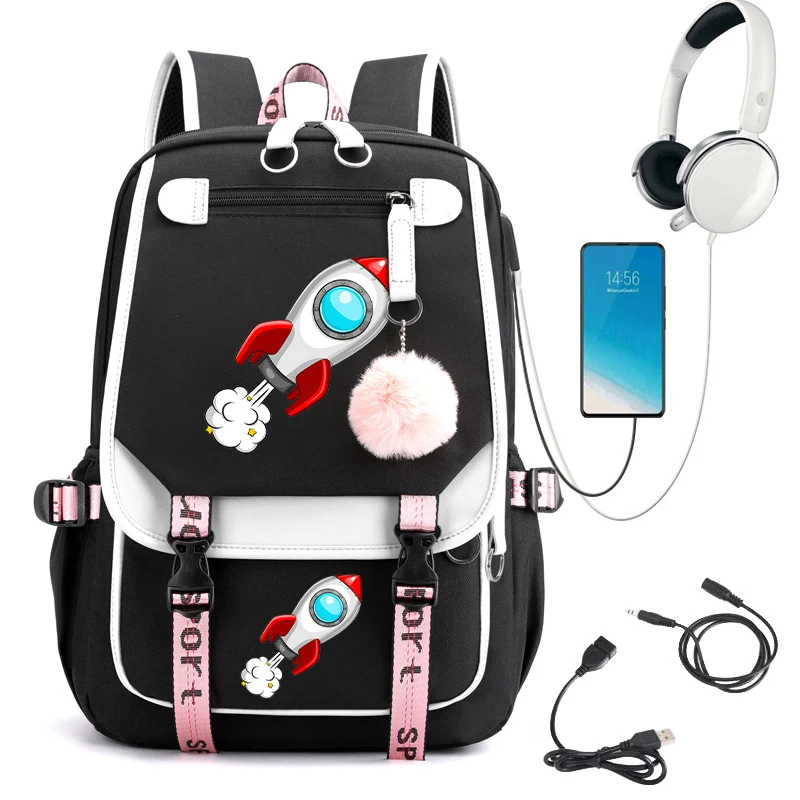 

Space Rocket Cartoon Backpack Bags for Girls Secondary School Bagpack College Student Teenager Bookbag Usb Charging Backpack