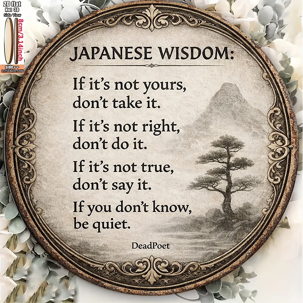 2D Flat, Japanese Wisdom Wall Plaque - Round Zen Philosophy Sign with English Quotes, Artificial Suitable for Office Cafe Decor,
