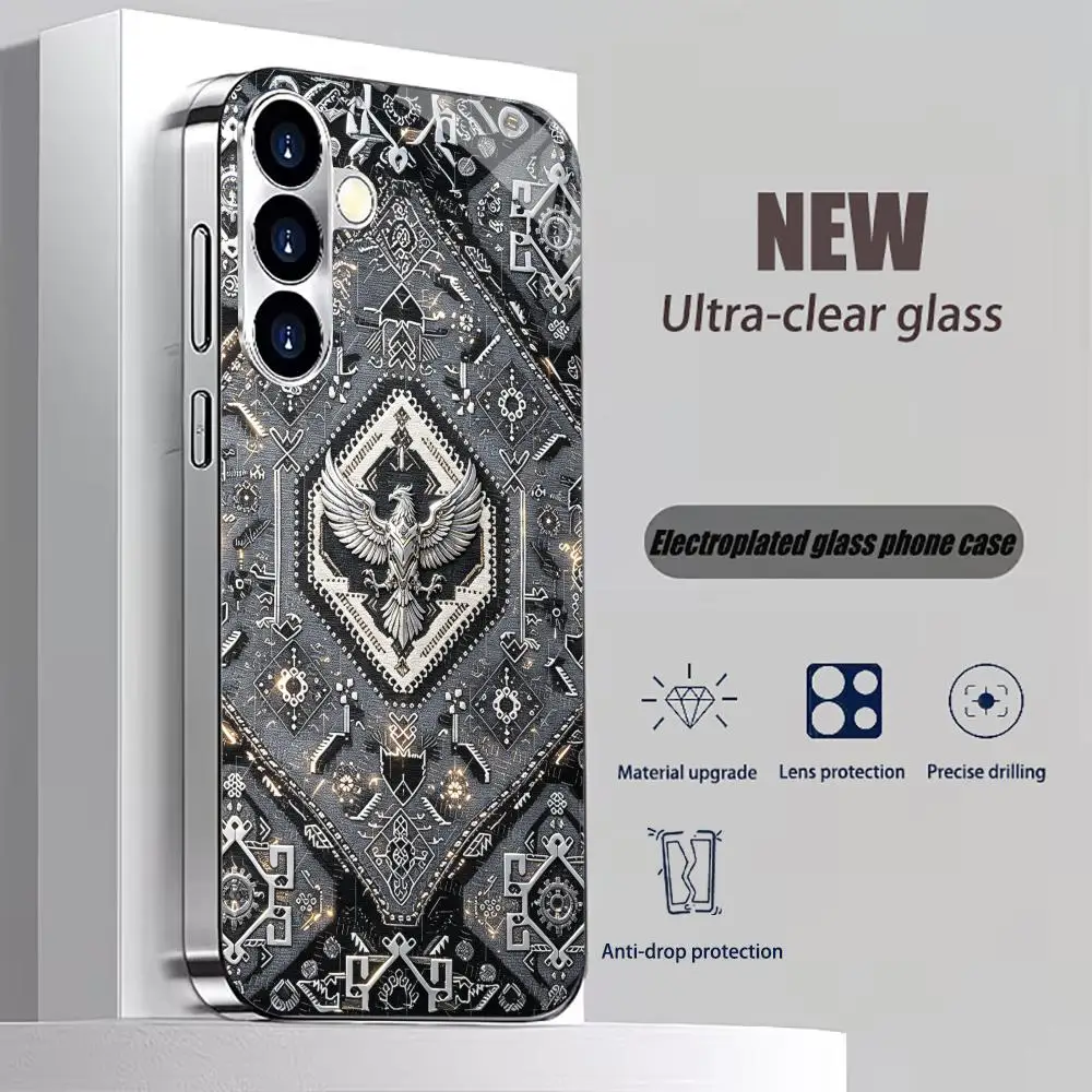Vintage Geometric Eagle Electroplated Glass TPU phone case for Samsung Galaxy S26 S25 S24 S23 S22 S21FE,Ultra,Plus Dropresistant