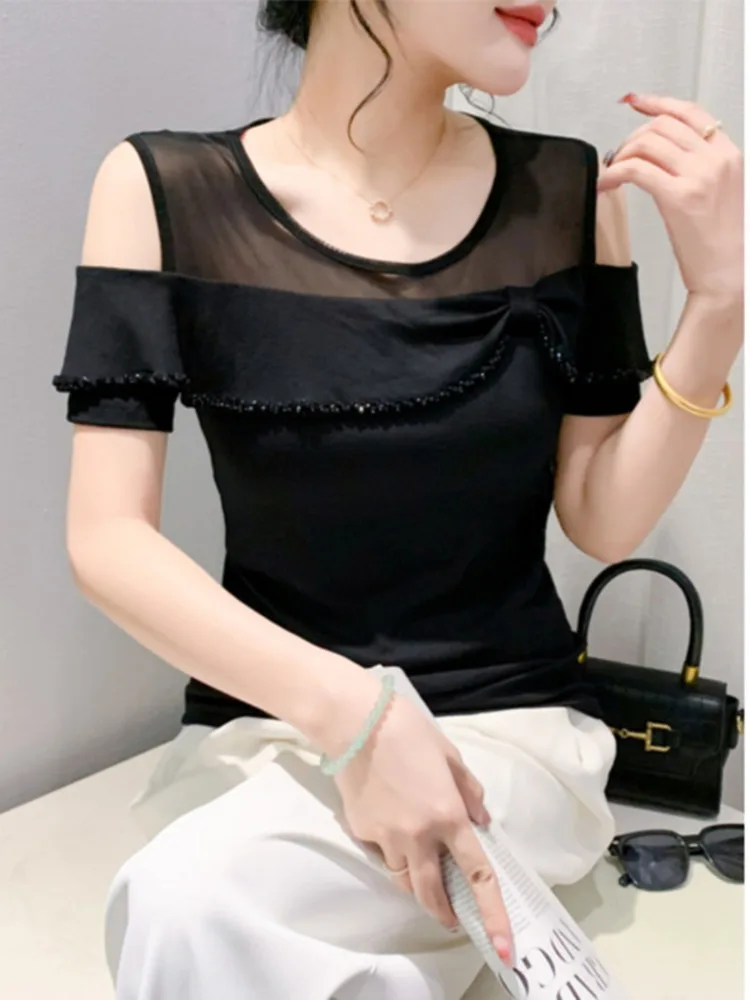 #7123 Black White Off Shoulder T Shirt Women Split Joint Mesh Ruffles Diamonds Skinny T-shirt Female Sexy Asymmetrical Short 