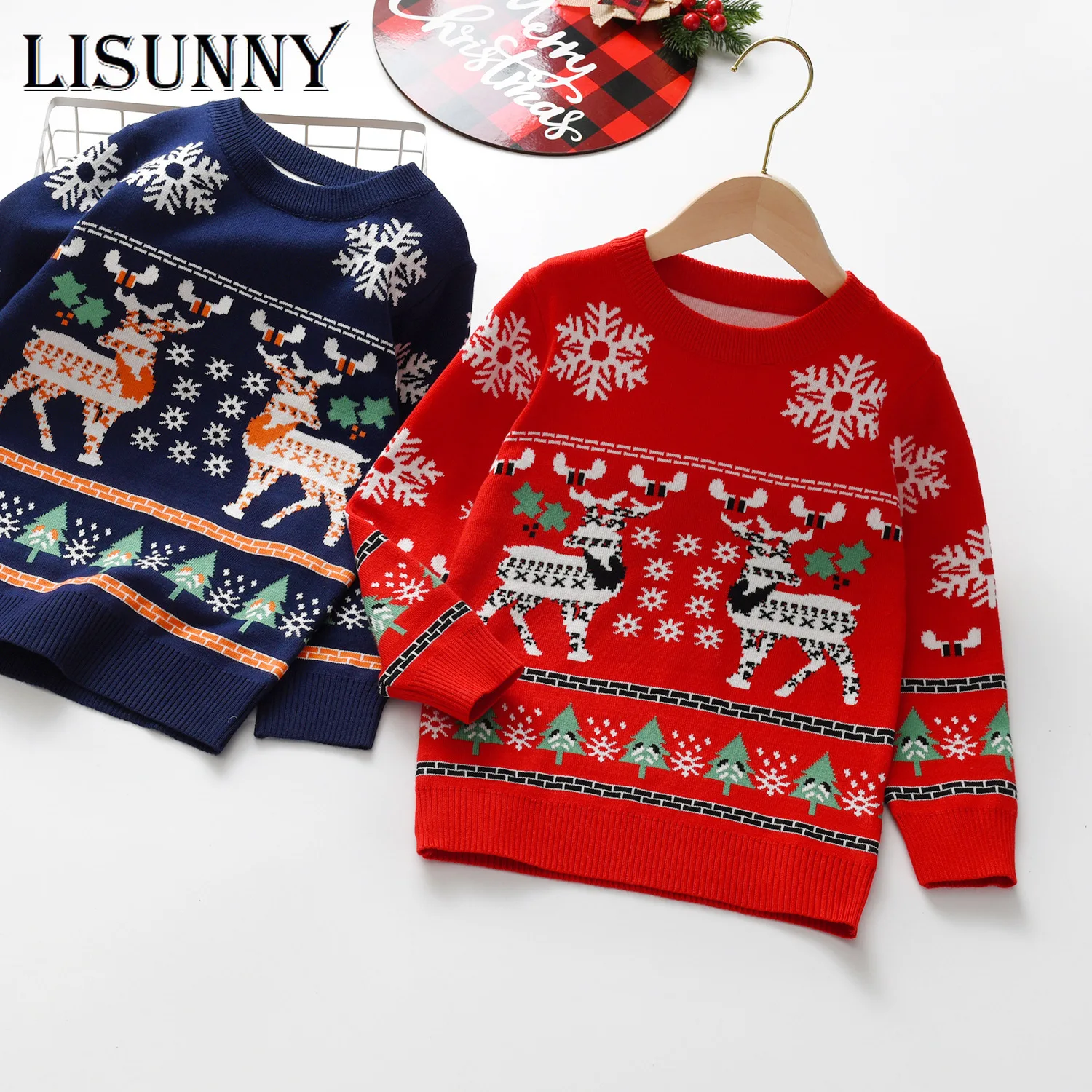 

2024 Autumn Winter Kids Christmas Sweater Boys Girls Coat Children Clothing Baby Cotton Thick Top Boys Pullover Cartoon Elk 1-7y