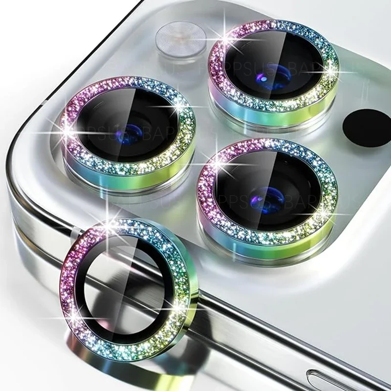 Glitter Diamond Camera Lens Protector For iPhone 15 Pro Max Plus Camera Metal Ring Glass For iPhone15 15Plus 15PM Protective Cap