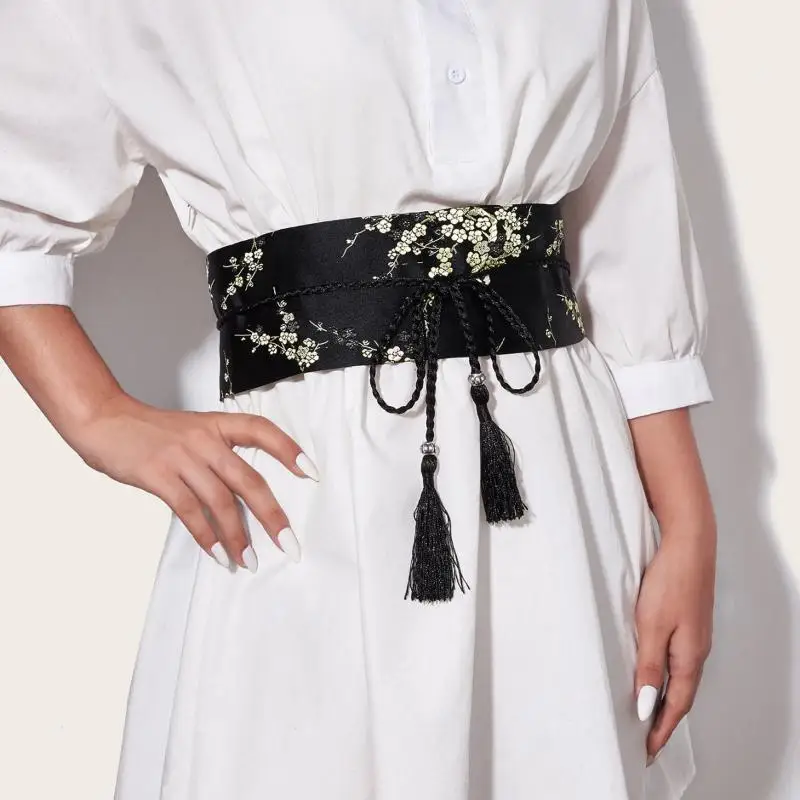(Ce14)Vintage Floral Embroidered Waistband Women Elegant Chinese Style Bow Tie Wrap Around Belt With Tassel For Dress Clothing