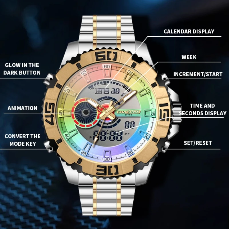 

CHAXIGO 3079 New Quartz Fashion Multi Functional Men's Fully Automatic Luminous Electronic Calendar Waterproof Watches for Man
