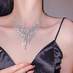 Sexy Crystal Tassel Necklace For Women Shiny Geometric Rhinestone Chain Choker Necklace Dress Nightclub Jazz Dance Jewelry K-