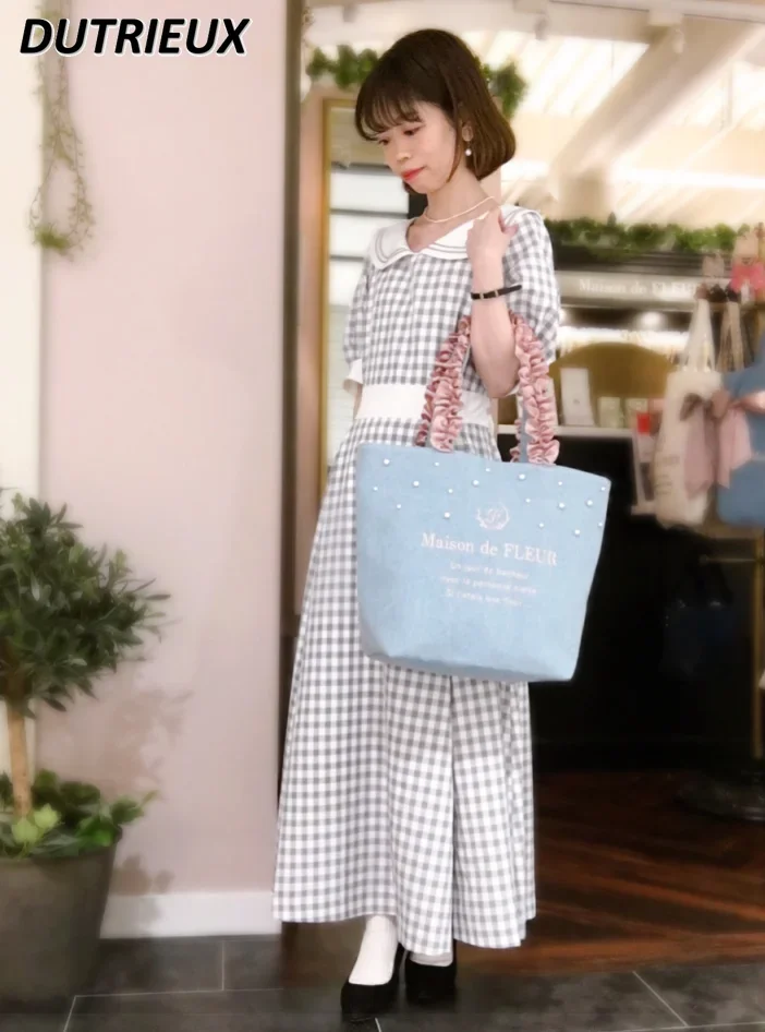 

2025 New Sweet Cute Casual Handbags for Women Lace Handle Denim Pearl Portable Shoulder Bag Fashion Spring Summer Ladies' Bags
