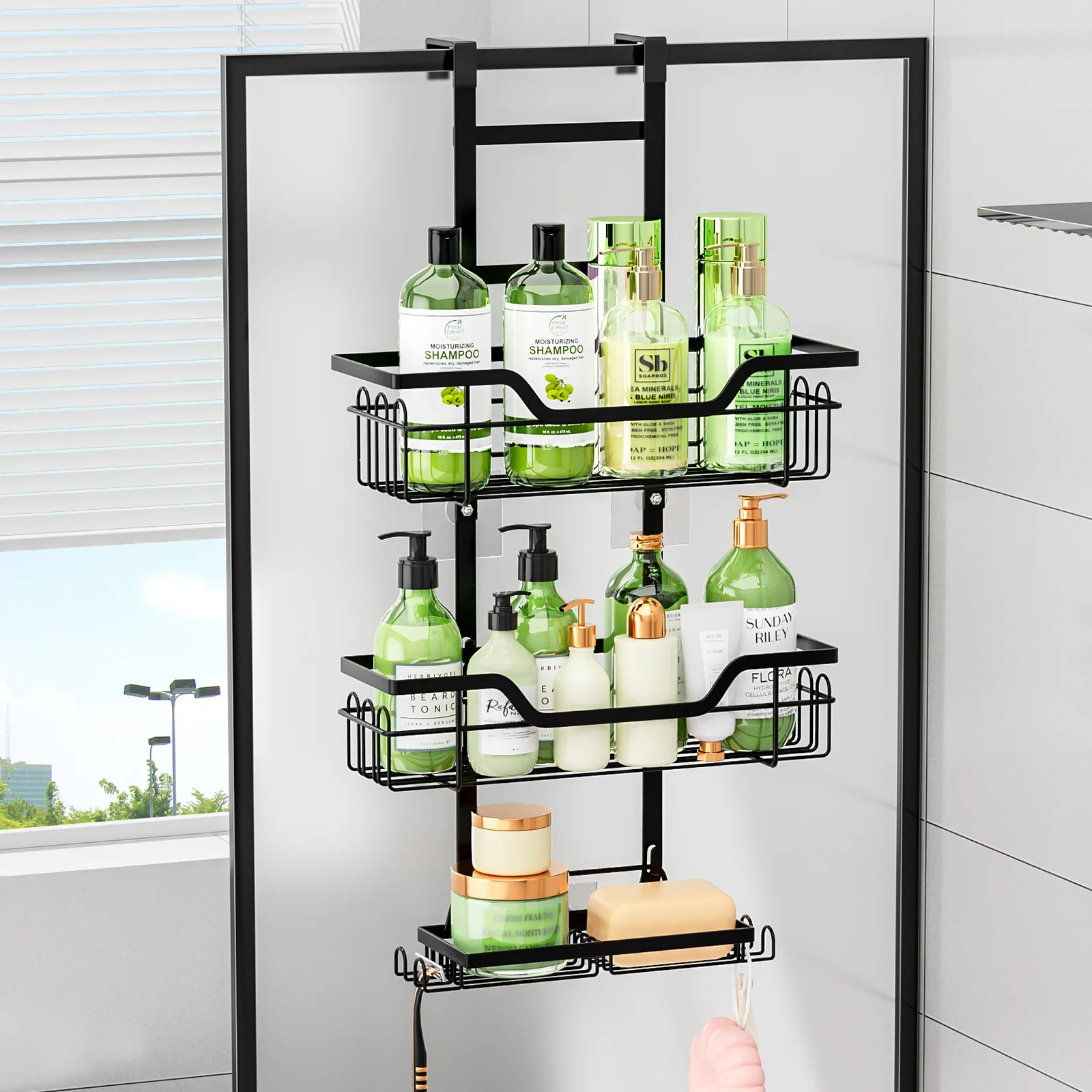 Drill-Free Bathroom Shelf Over Door Hanging Organizer Wall-Mounted Basket Rack Multi-Layer Shower Room Storage Shelf for Toilet