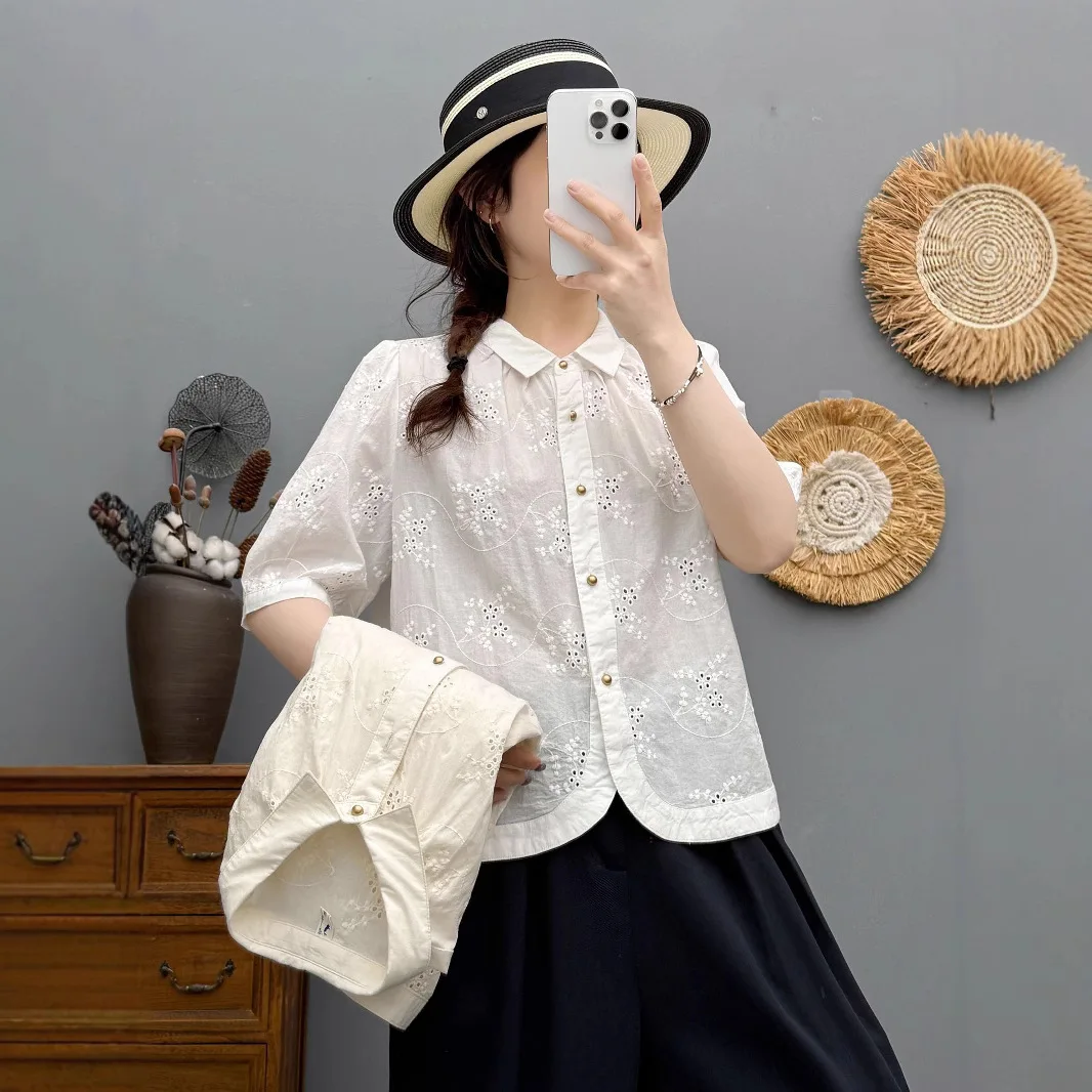 

Japanese Sweet Mori Girl Embroidery Hollow Out 100% Cotton Shirts Women Summer Turn Down Collar Half Sleeve Casual Loose Blouse