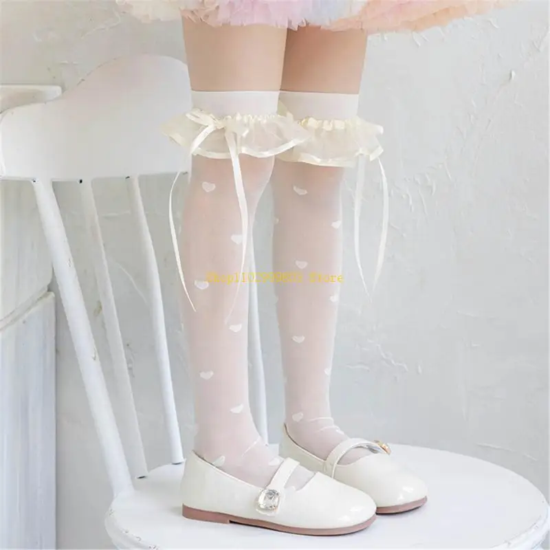 Breathable Lace Trim Bowknot Socks for Girl School Kid Knee High Socks Stretchy Seethrough Socks for Spring Socks J0MF