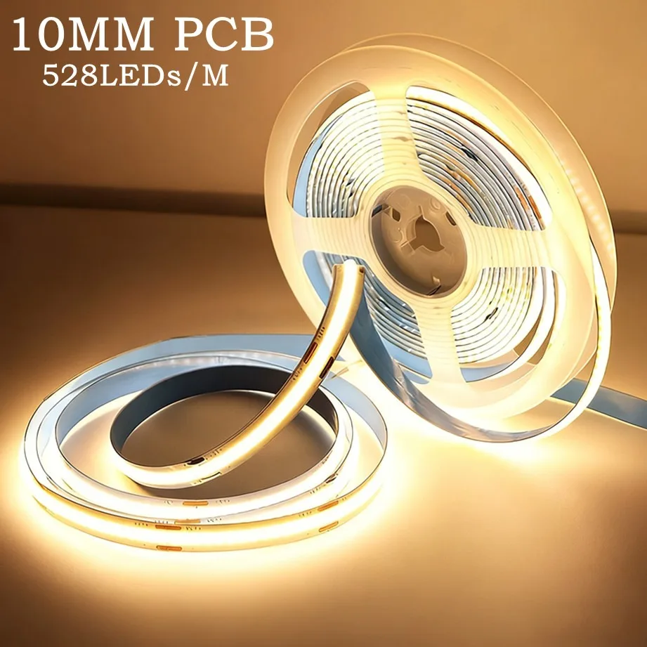DC12V/24V COB LED Strip 10MM PCB Linear Light High Density Flexible COB LED Tape Light Bar 528LEDs/M For Home Bedroom Decoration