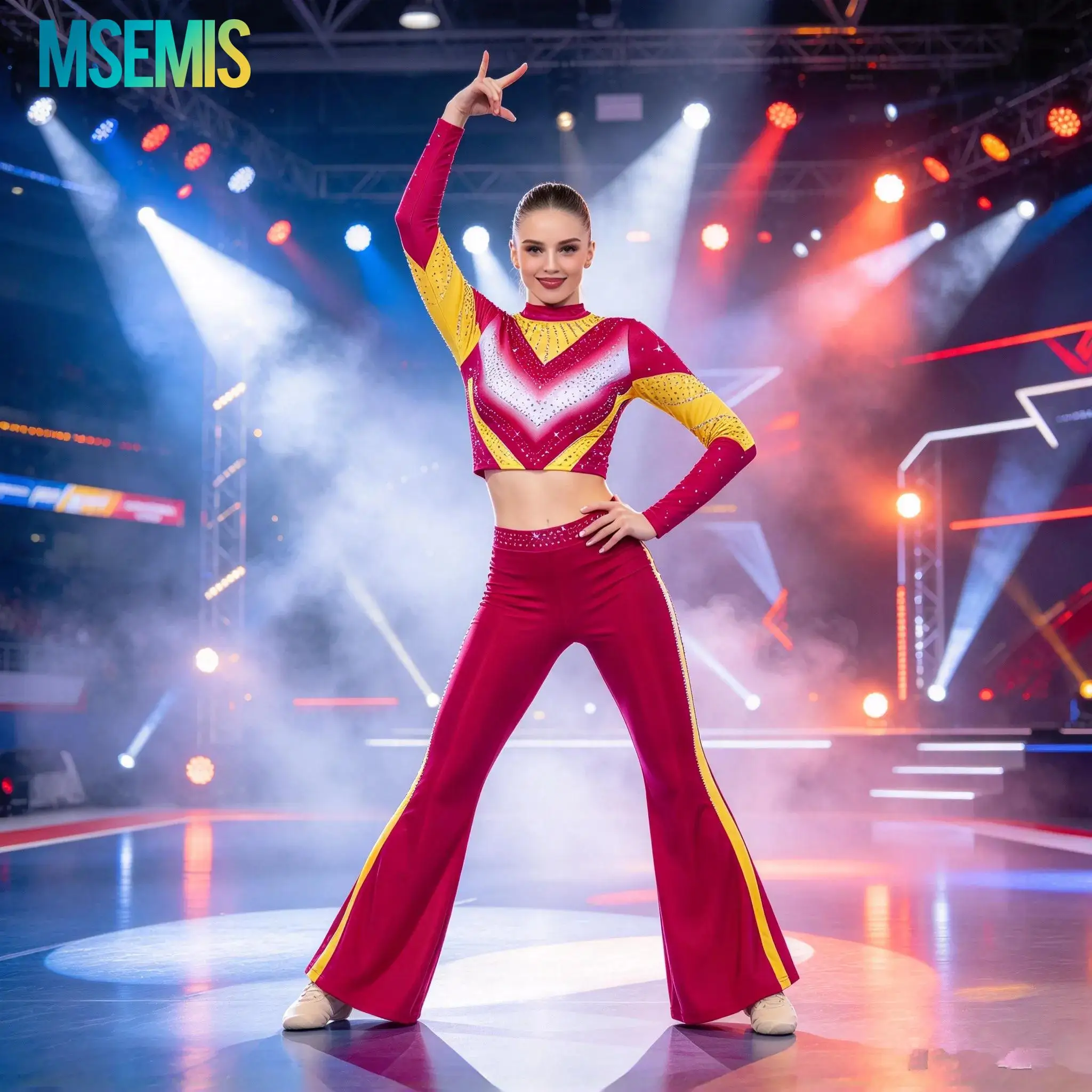 Women Rhinestone Cheerleading Outfit Cheerleading Uniform Long Sleeve Crop Top Flare Pants 2Pcs Cheer Dance Competition Costume