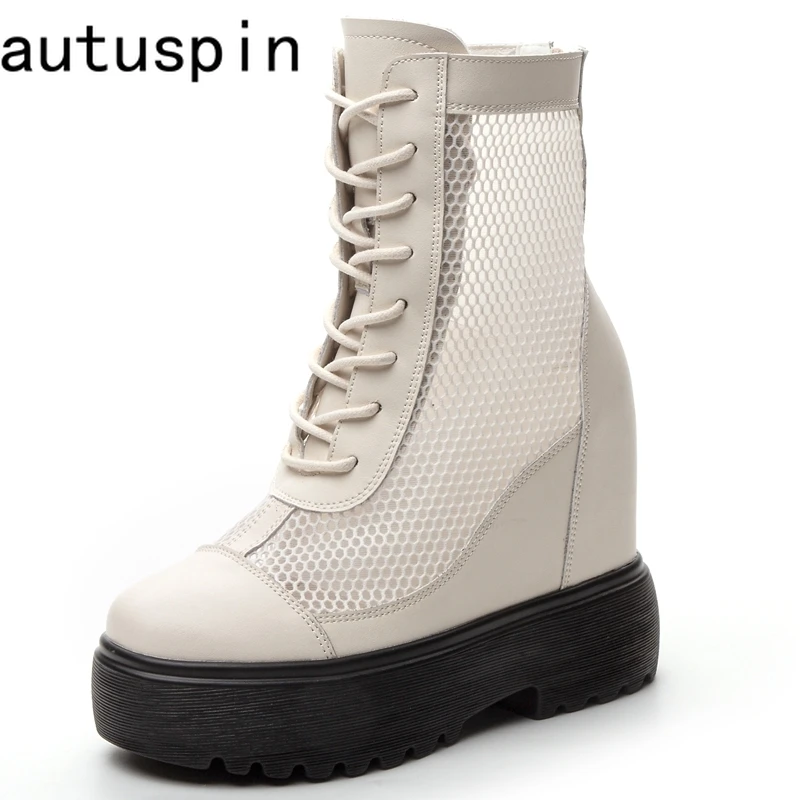 

AUTUSPIN 33-40 Women Mid-calf Air Mesh Boots Summer Autumn New Breathable High Heels Female Genuine Leather Platform Shoes Woman